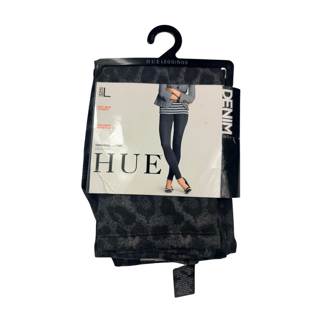 HUE Original Denim Leggings Leopard Print Womens L Steel Gray Animal NEW